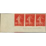 France Semeuse 1906 Thin Figures 10c. red, imperforate horizontal strip of three from the lower...