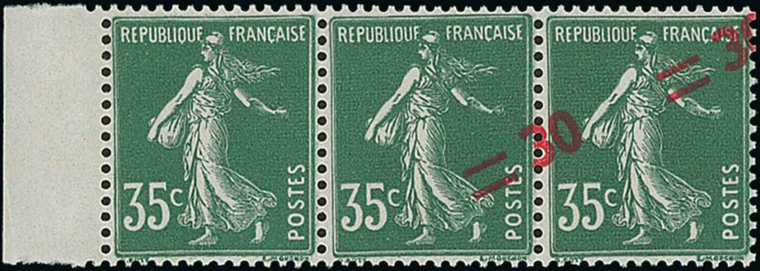 France 1940-41 Surcharges 30. on 35c. green, horizontal strip of four, surcharge misplaced diag...