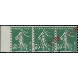 France 1940-41 Surcharges 30. on 35c. green, horizontal strip of four, surcharge misplaced diag...