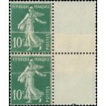 France Semeuse 1920-22 10c. green, horizontal pair from the right of the sheet showing an offic...