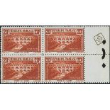 France 1929 Tourist Issue "Pont du Gard" 20f. perforation 11, spectacular block of four from th...