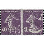 France Semeuse 1927-28 40c. violet, horizontal pair, the right hand stamp showing fine pre-prin...