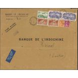 France 1936 Aeroplane over Paris 50f. ultramarine on rose (pair), used with 50f. green,