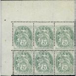 France 1900-24 Type Blanc 5c. green, type IA, block of six (3x2) from the upper left corner of...