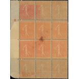 France Semeuse 1924-26 50c. vermilion, thin transparent paper, block of twelve (3x4) from the l...