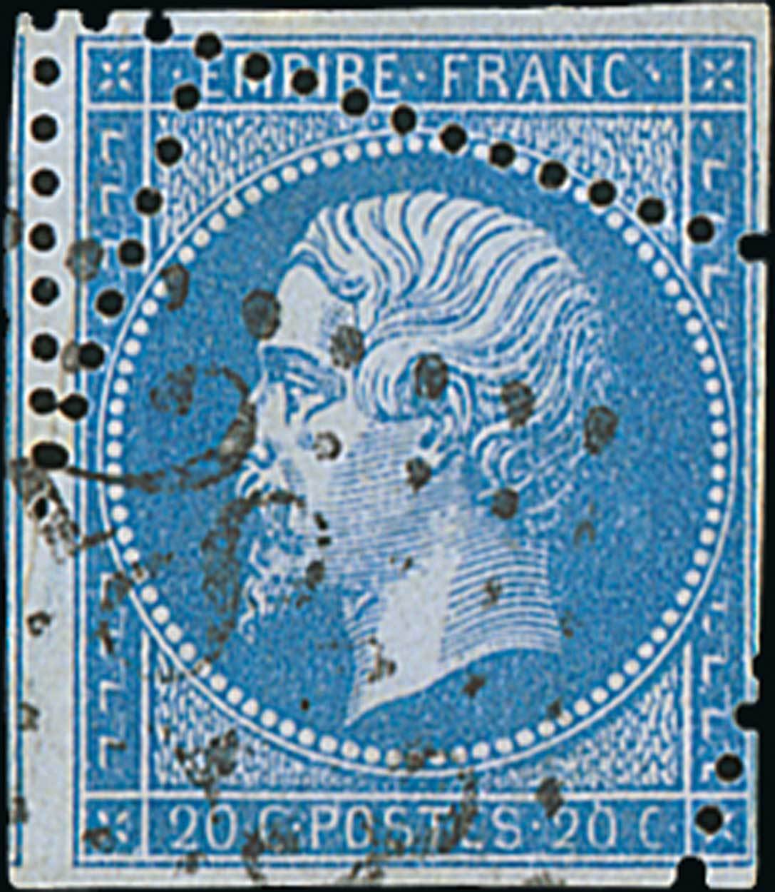 France 1862 Perforated "Empire" Issue 20c. blue, misplaced perforation obliquely,