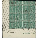 France Semeuse 1907 5c. green type I, imperforate block of twelve from the lower left corner of...