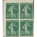 France Semeuse 1907 5c. green, type I, imperforate block of four from the upper left corner of...