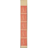 France Semeuse 1924-26 50c. vermilion, imperforate vertical strip of five, unused without gum a...