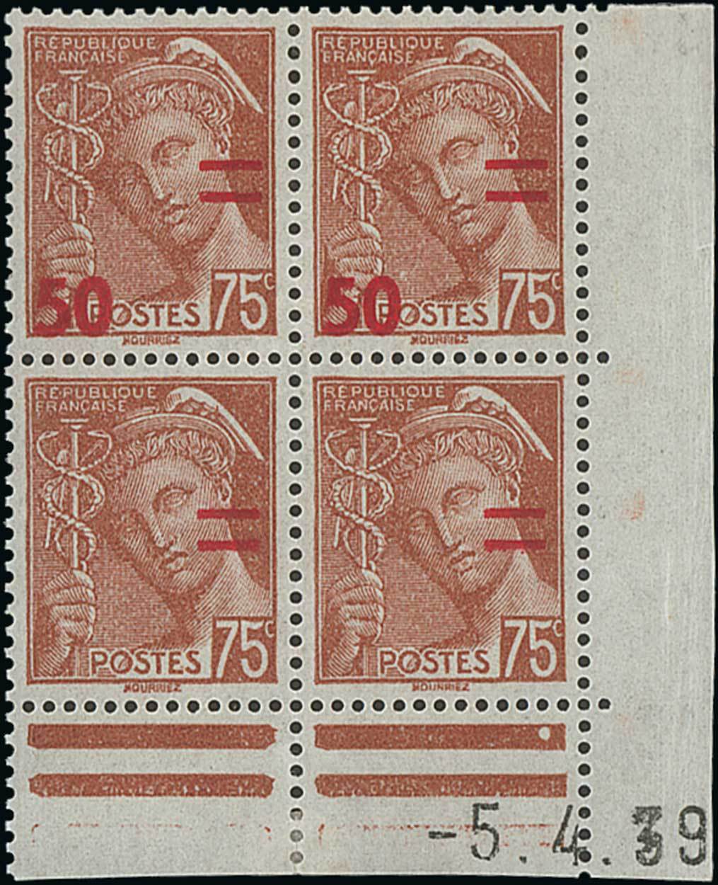 France 1940-41 Surcharges 50c. on 75c. red-brown, Coin date block of four, surcharge misplaced,