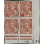 France 1940-41 Surcharges 50c. on 75c. red-brown, Coin date block of four, surcharge misplaced,