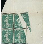 France Semeuse 1907 5c. green, type I, block of four from the upper right corner of the sheet d...