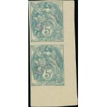 France 1900-24 Type Blanc 5c. blue-green, type IA, imperforate vertical pair from the lower rig...