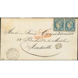 France 1870 "Bordeaux" Issue 20c. blue, type I, report I, horizontal pair, pastel shade, comple...