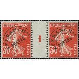 France Semeuse 1925-26 30c. red, precancelled pair with interpanneau margin and Millesime "1",...