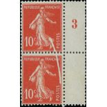 France Semeuse 1907 10c. red, vertical pair from the right of the pane with Millésime "3" with...