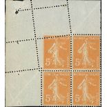 France Semeuse 1920-22 5c. orange, block of four from the upper left corner of the sheet,