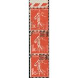 France Semeuse 1926-27 Surcharges 90c. on 1f. 05 vermilion, vertical strip of three from the to...