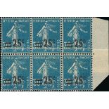 France Semeuse 1926-27 Surcharges 25c. on 30c. blue, block of six (3x2) from the right of the s...