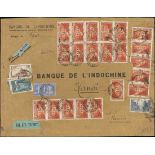 France 1929 Tourist Issue "Pont du Gard" 20f. perforation 11, single, two strips of five and ve...