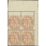 France 1900-24 Type Blanc 4c. yellow-brown, block of four from the upper right corner of the sh...