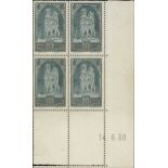 France 1929 Tourist Issue "Reims Cathedral" 3f. slate-blue, type II, Coin date block of four (1...