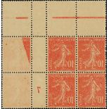 France Semeuse 1907 10c. red, block of six (3x2) with vertical interpanneau margin and Millésim...