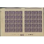 France Semeuse 1907 35c. violet type I, imperforate block of fifty, two panes of twenty-five (5...