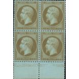 France 1862 Perforated "Empire" Issue 1c. green-olive, a magnificent block of four