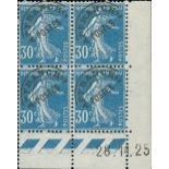 France Semeuse 1925-26 30c. blue, pre-cancelled Coin date block of four; unmounted mint, fine.