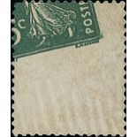 France Semeuse 1907 5c. green type I, misperforated and showing less than half of the design,