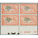 France 1900-27 "Merson" Issues 1906-20 Issue 2fr. double impression of centre, bottom sheet-mar...