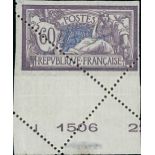 France 1900-27 "Merson" Issues 1906-20 Issue 60c. misplaced perforations diagonally, marginal e...