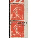 France Semeuse 1926-27 Surcharges 90c. on 1f. 05 vermilion, vertical pair from the upper right...