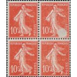 France Semeuse 1907 10c. red, block of four exhibiting a dry print and the second stamp with de...