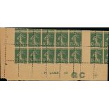 France Semeuse 1907 5c. green, type I, block of twelve (6x2) from the foot of the sheet with "G...