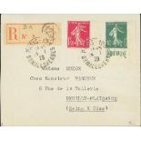 France Semeuse 1926-27 10c. green with "Mineraline" label at foot, used with 1f. 40 on cover re...