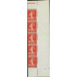 France Semeuse 1907 10c. red, vertical strip of five from the right of the pane, the right hand...