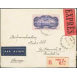 France 1936 Aeroplane over Paris 50f. ultramarine on rose, tied to air mail express envelope