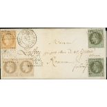 France 1862-70 "Empire" Laureated Issue 1c. green-bronze, two examples, and 4c. grey in pair,