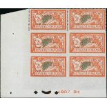 France 1900-27 "Merson" Issues 1906-20 Issue 2fr. vertical block of six from the lower left cor...