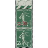 France 1940-41 Surcharges 30c. on 35c. green, vertical pair from the top of the sheet, the lowe...