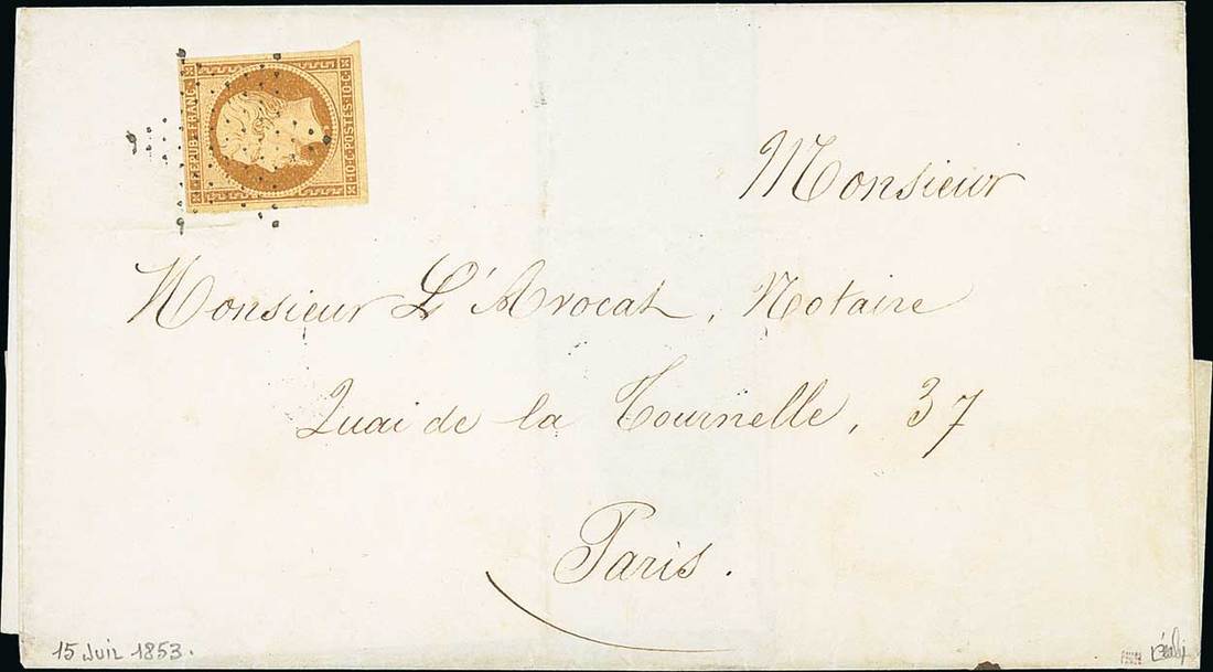 France 1852 "Présidence" Issue 10c. bistre, clear to predominantly large margins,