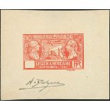 France 1927 Visit of American Legion 90c. red, die proof on card (65x53mm.) without figures of...