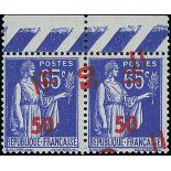 France 1940-41 Surcharges 50c. on 65c. ultramarine, horizontal pair from the top of the sheet,