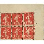 France Semeuse 1906 10c. red, block of six (3x2) from the upper right corner of the sheet