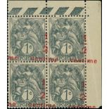 France 1919-22 Type Blanc Surcharged White Paper ½c. on 1c. grey, type II, block of four from t...