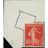 France Semeuse 1907 10c. red, from the upper left corner of the sheet and exhibiting a fine pre...