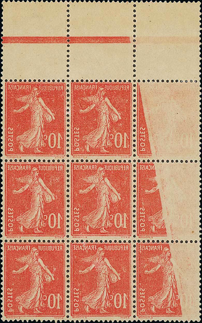 France Semeuse 1907 10c. red, block of nine (3x3) from the top of the sheet, exhibiting a fine...