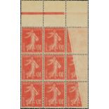 France Semeuse 1907 10c. red, block of nine (3x3) from the top of the sheet, exhibiting a fine...